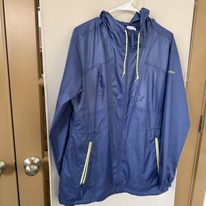 Columbia Womens Large Blue Lightweight Hooded Windbreaker Jacket Full Zip Pocket